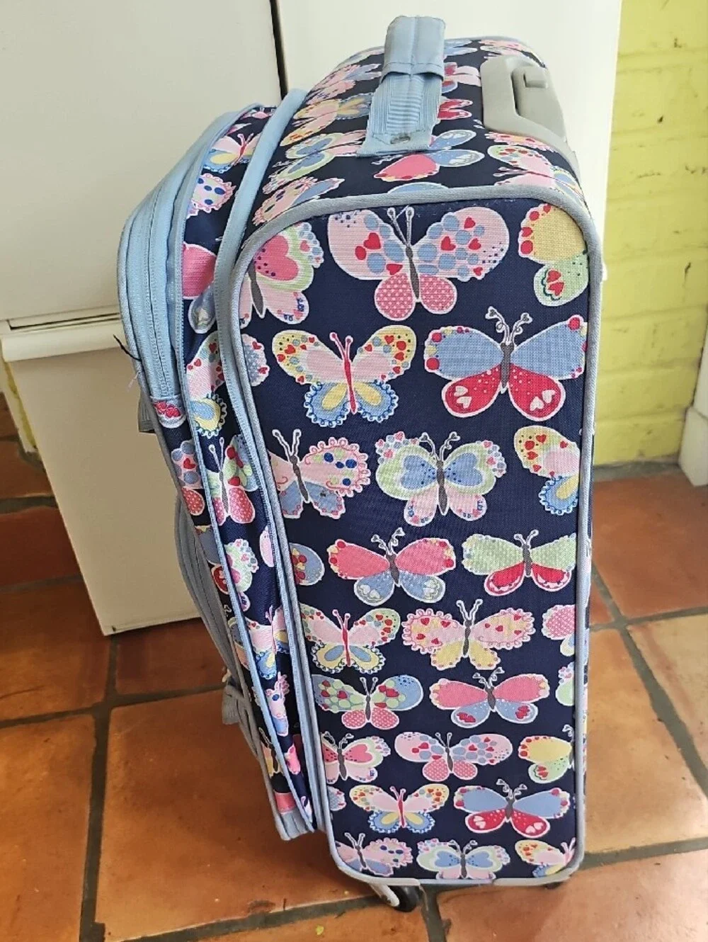 Pottery Barn Kids Navy Butterfly Rolling Suitcase with Pastel Accents